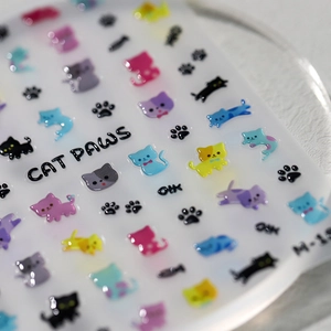3D relief nail art stickers featuring colorful cat paws and kittens in jelly finish