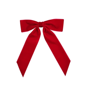 French vintage red velvet bow hair clip with elegant long streamers on white background