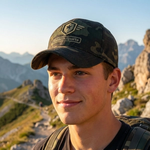 Outdoor camouflage baseball cap with embroidery worn by male model on mountain trail