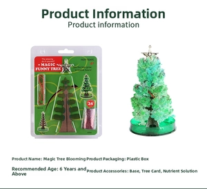 Product detail view showing the magic growing Christmas tree DIY kit including accessories