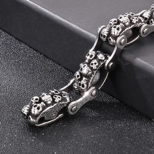 Punk style stainless steel skull bike chain bracelet with vintage silver finish for men