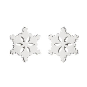 Macro view of silver hollow snowflake stud earrings with intricate cutout metal design
