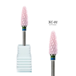 Macro detail of XC-01 pink ceramic nail drill bit with 15.5x5.6mm cone-shaped design