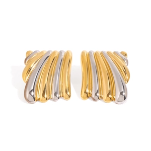 Square Ripple Textured Earrings 18K Gold Plated Stainless Steel Two Tone Irregular Wrinkle Hypoallergenic Jewelry