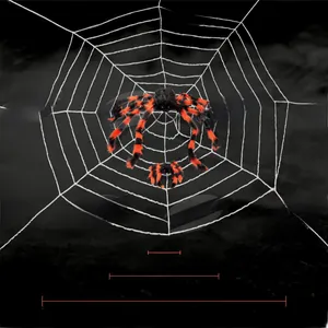 Detailed view of giant Halloween spider web with dimensions 84.64in and fuzzy spiders