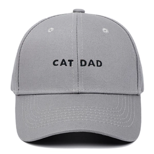 Detailed view of grey cotton baseball cap with black CAT DAD letter embroidery