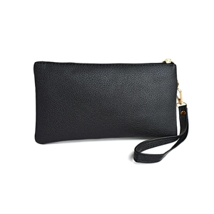 Minimalist black pebble leather clutch bag with zipper and wristlet for women