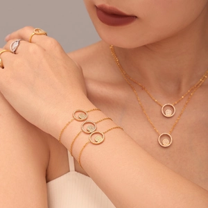 Collier Pendentif Double Cercle en Acier Inoxydable Zirconia Bracelet Bague Bijoux pour Femmes Accessoire Mode
