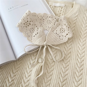 Beige crochet floral detachable collar with scalloped edges and adjustable tie closure