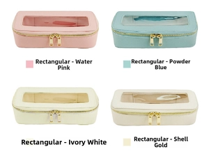 Detail view of rectangular PVC cosmetic bags with transparent windows in four colors