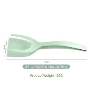 Green 2-in-1 nylon steak spatula and food tongs 31cm for flipping eggs and bread