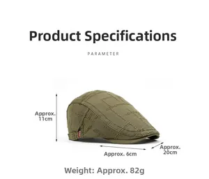 Distressed army green newsboy cap detail showing dimensions 11cm height and 6cm brim size
