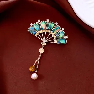 Vintage Fan Shaped Brooch Pin Chinese Style Abalone Shell Cubic Zirconia Gold Plated Copper Artificial Pearl Tiger Eye Tassel Women