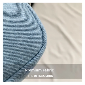 Macro detail of high-quality light blue twill fabric and precise corner stitching on bag
