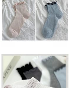 Detailed view of hollow mesh knit and scalloped edge on lightweight cotton summer socks