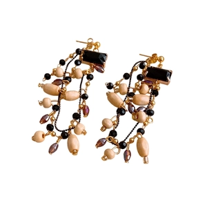 Vintage-style square black glass and wooden bead tassel earrings with silver needle