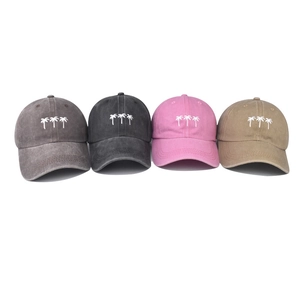 Vintage washed cotton baseball caps with embroidered coconut palm trees in four colors