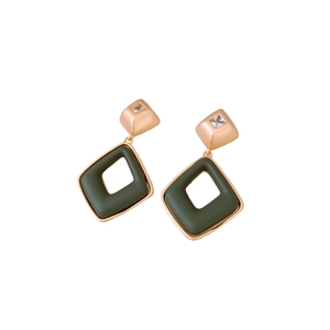 Retro geometric rhombus earrings with dark green pendants and crystals in gold frames