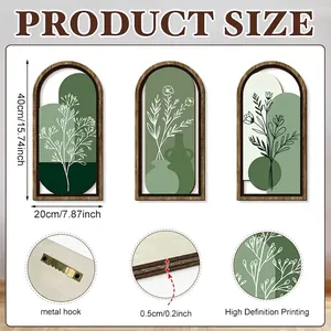 Three-piece green bohemian arch wooden wall art set with dimensions 40x20cm and hooks
