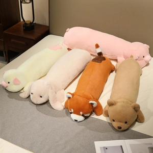 Long animal plush pillows featuring pink pig, rabbit and bear for cozy home decoration