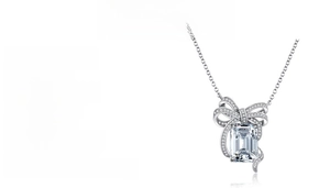 Macro detail of S925 silver necklace with 10ct rectangular cut carbon diamond pendant