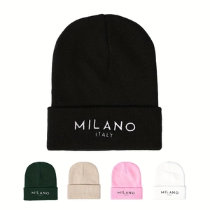 Milano Italy Embroidery Knitted Beanie Hat Warm Winter Solid Color Cuffed Skull Cap For Men Women Casual Outdoor Acrylic