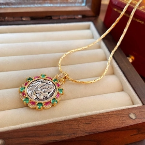 Vintage Portrait Coin Pendant Necklace Copper Gold Plated With Colorful Zircon Red Green Stones French Retro Style Women