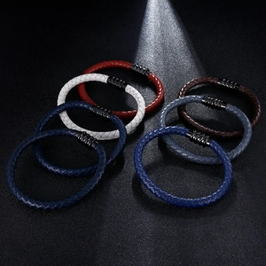 Men's braided leather bracelets with black metal clasps in six assorted colors