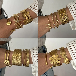 Stainless Steel Open Cuff Bangle Retro Geometric Hollow Starfish Shell Heart Flower Irregular Pattern Fashion Jewelry