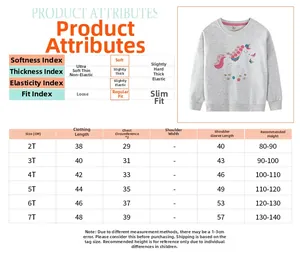 Detaillierte Größentabelle für Mädchen-Einhorn-Sweatshirt mit Stoffspezifikationen