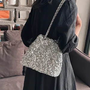 Sequin Bucket Bag Women Shinny Evening Party Purse Niche Design Shoulder Crossbody Handbag Metal Chain Drawstring