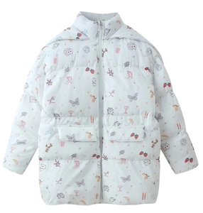 Detail view of white padded jacket featuring colorful strawberry and star cartoon prints