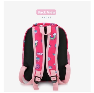 Rear view of pink kids backpack with rainbow prints and adjustable love straps