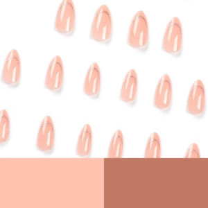 French style press-on nails in nude pink with silver glitter tips and almond shape design