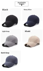 Detail view of sport baseball caps in black, navy, grey, and khaki colors on white background