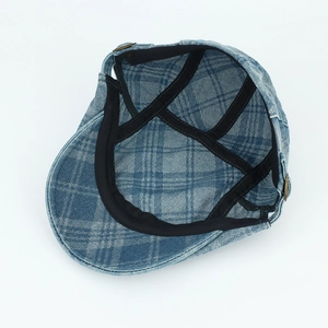 Blue plaid denim ivy cap with vintage metal buckle and reinforced inner lining