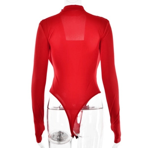 Detail view of the back cutout on a red long-sleeved bodysuit with high-cut leg opening