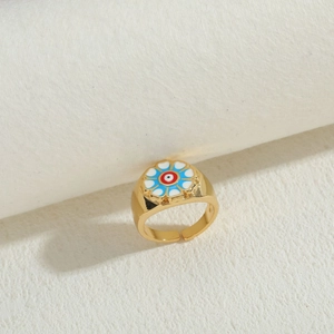 Detailed close-up of 14K gold plated Evil Eye ring with colorful enamel inlay details