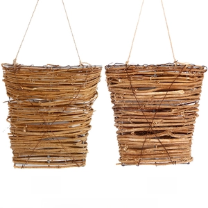 Front and back detail of a handmade wicker hanging basket with natural vine texture