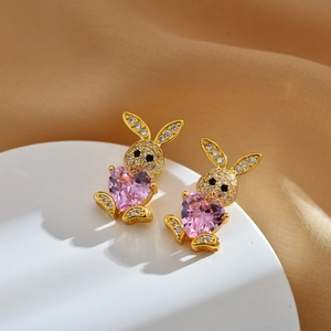 Cute gold rabbit stud earrings with pink heart zircon and micro-paved white stones