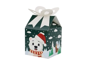 Detail of green house-shaped Christmas gift box featuring a cute bear and white bow