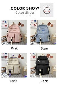 Four colors of minimalist canvas school backpacks featuring multi-pocket design and cute rabbit print