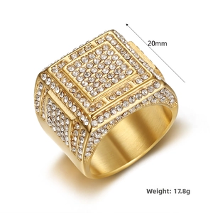 Macro shot of 18K gold plated square ring with pave crystals and brushed inner metal band