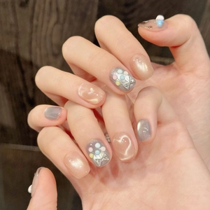 Cat eye press-on nails with 3D colorful beads and silver glitter bow design