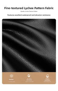 Detail of black lychee texture PU leather, showing wear-resistant and waterproof features