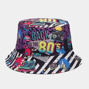 Detail of retro 80's graffiti bucket hat featuring neon prints and Back to the 80s text