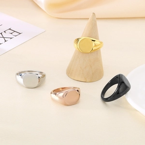 Minimalist Stainless Steel Signet Ring Smooth High Polished Round Oval Surface Titanium Steel Band Jewelry For Unisex