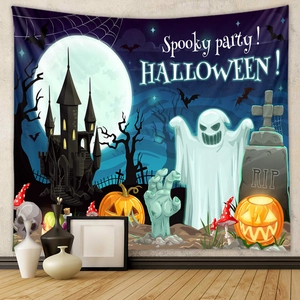 Halloween tapestry with cartoon castle, ghosts and pumpkins for spooky party room decoration