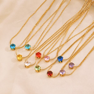 Multi-color stainless steel birthstone necklaces with golden chains and 6-claw zircon setting