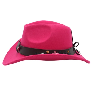 Close-up of rose red cowboy hat with floral embroidery and leather belt detail